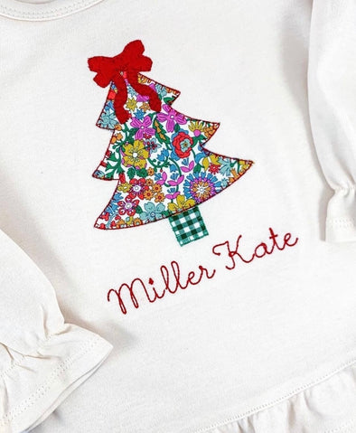 Christmas Tree with Red Bow Applique Design on Girl's Personalized Shirt