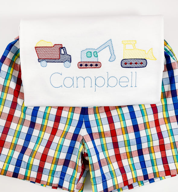 Construction Toys - Boy's White Shirt with Blue, Red, and Yellow Dump Truck, Excavator, and Bulldozer Embroidery - Personalized with Name