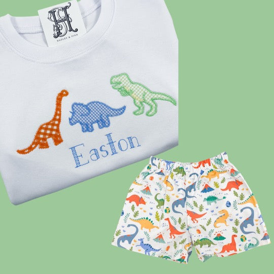 Dinosaur Friends with Blue, Green, and Orange Gingham Applique on Boy's White Shirt Personalized with Name