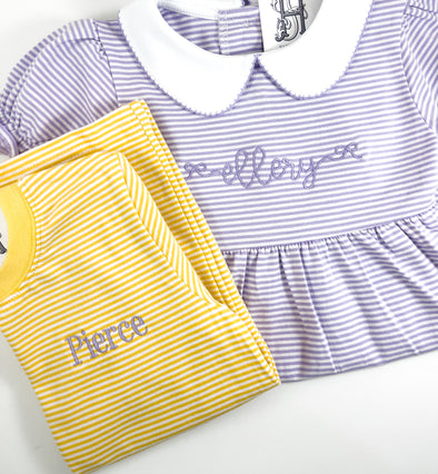 Lavender and White Striped Girl's Personalized Dress with Round Collar