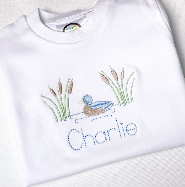 Duck Embroidery Design on Boys Long Sleeved White Romper Personalized with Name
