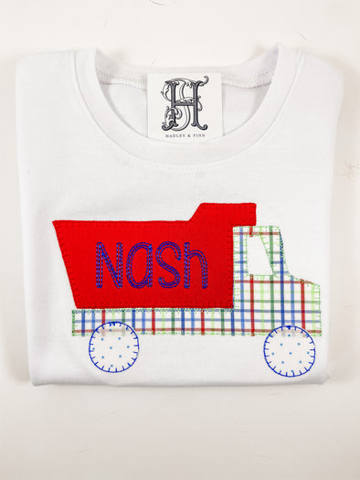 Dump Truck Applique on Boy's White Shirt Personalized with Name