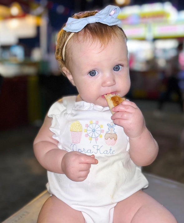 Popcorn - Ferris Wheel - Candied Apple - Personalized Girl's Personalized White Ruffled Bubble - One Piece Outfit