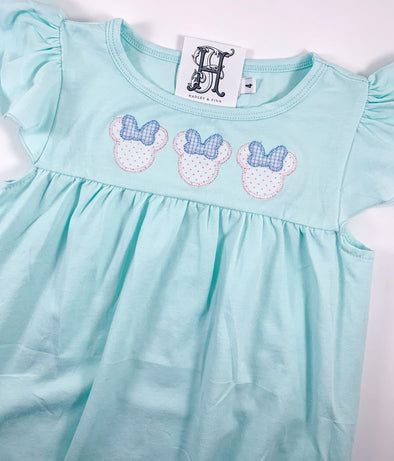 Miss Mouse Trio with Bows Applique on Girl's Mint Dress