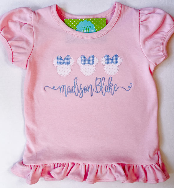 Miss Mouse Pink Dot Trio with Blue Gingham Bows Applique on Girl's Short Sleeve Pink Shirt Personalized with Name