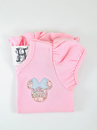 Girl Mouse Ears with Bow Applique on Girls Ruffled Pink Short Sleeve Shirt