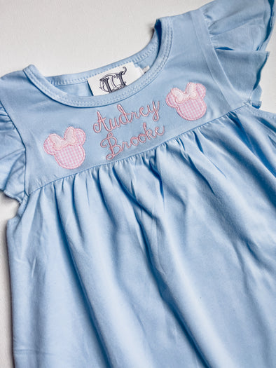 Miss Mouse Ears Duo with Bows on Girls Blue Dress Personalized with Name