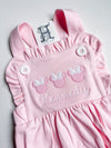 Miss Mouse Trio with Bows Applique on Girl's Personalized Pink Ruffled Bubble/Sunsuit