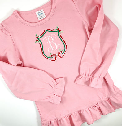 Christmas Holly and Bow Frame with Monogrammed Initial Embroidery - Girl's Pink Christmas Shirt