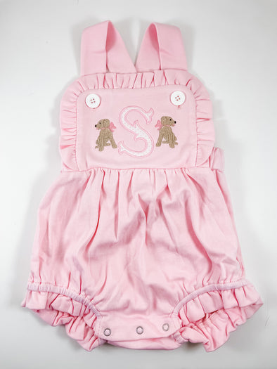 Monogram Initial Applique and Puppy Dogs Embroidery on Baby/Toddler Girls Pink Ruffled Bubble/Sunsuit