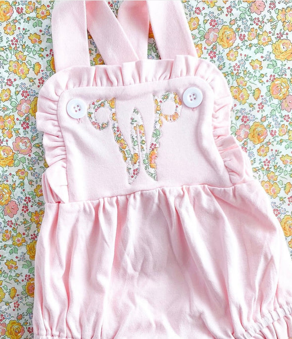 Monogram Fabric Initial on Baby/Toddler Girls Pink Ruffled Bubble/Sunsuit