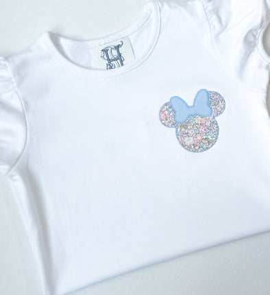 Girl Mouse Ears with Bow Applique on Girls White Short Sleeve Shirt