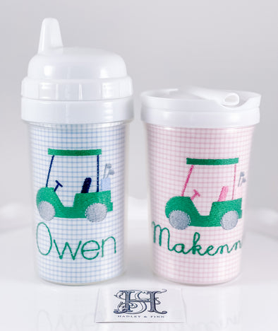 Golf Cart on Sippy Cup or Tumbler Drink Cups Personalized