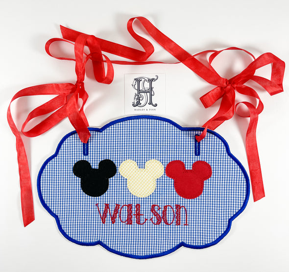 Stroller Tag Personalized - Boy Mouse Ears Trio Applique Design