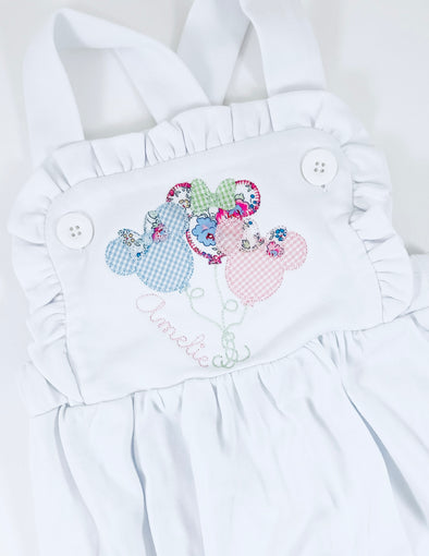 Personalized Girl's White Ruffled Bubble/Sunsuit with Balloons Applique Design