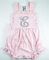Monogram Fabric Initial on Baby/Toddler Girls Pink Bubble/Sunsuit