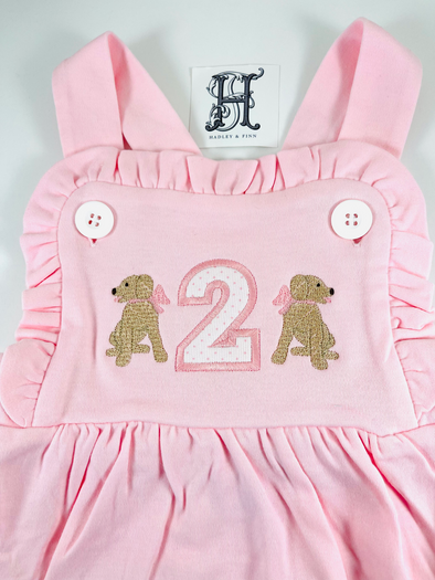 Birthday Girls Pink Ruffled Sunsuit with Puppy Dogs Embroidery