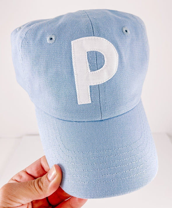 Monogrammed Initial on Blue Hat with Solid White Initial - Children and Adult Sizes