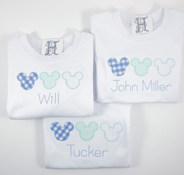 Boy Mouse Ears Trio Applique on Boys White Shirt Personalized with Name