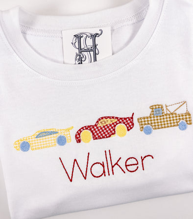 Boy's Crewneck White Tee Shirt with Race Car Applique Personalized with Name