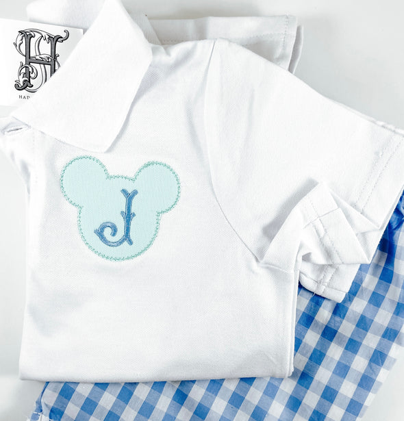 Monogram Initial and Mister Mouse Applique Design on Boy's Classic White Polo Shirt - Shorts Not Included