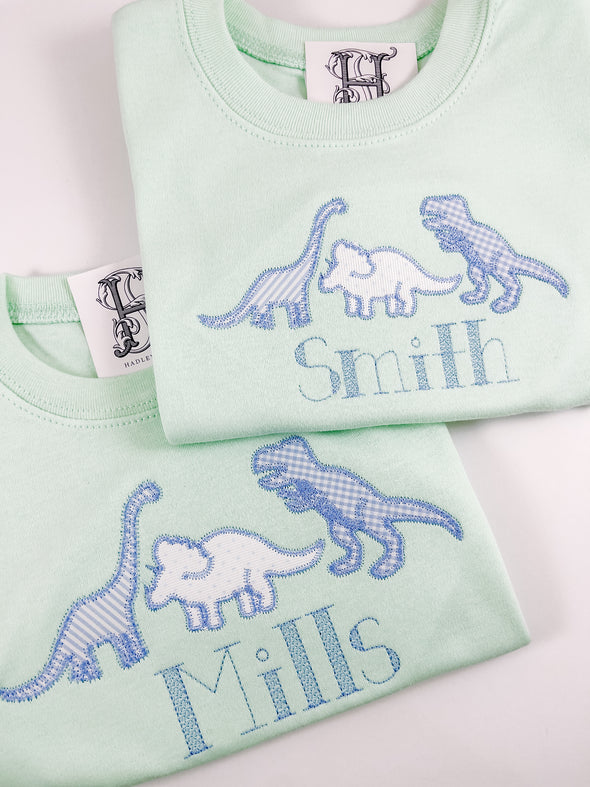 Dinosaur Friends with Blue Bitty Dot, Gingham, and Stripe Applique on Boy's Mint Shirt Personalized with Name