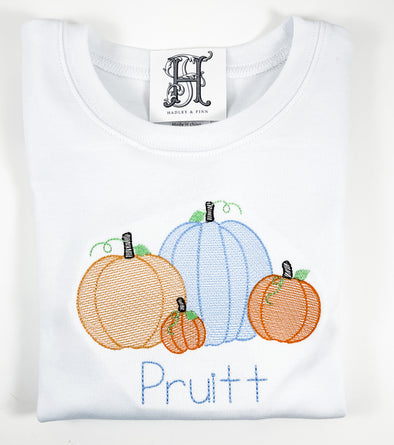 Pumpkins Embroidery on Boy's White Shirt - Boy's Personalized Fall and Thanksgiving Shirt