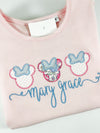 Miss Mouse Trio with Bows Applique on Girl's Short Sleeve Pink Shirt Personalized with Name