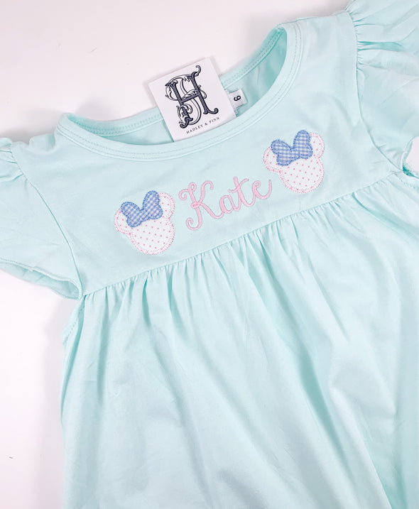 Miss Mouse Duo with Bows on Girl's Mint Dress Personalized with Name or Monogram