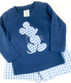 Personalized Boy's Crewneck Navy Tee Shirt with Blue Gingham Applique Design (Shorts Not Included)