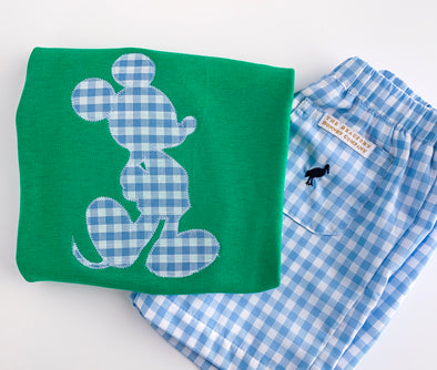 Boy Mouse Silhouette Made of Blue Gingham on Boy's Green Shirt