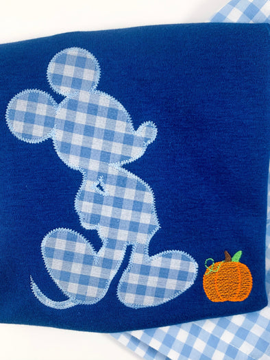 Boy Mouse Silhouette Made of Blue Gingham with Pumpkin Embroidery on Boy's Navy Shirt