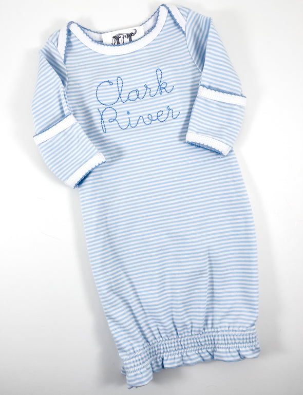 Newborn - Baby Boys Blue Striped Layette Gown - Personalized Newborn Gown