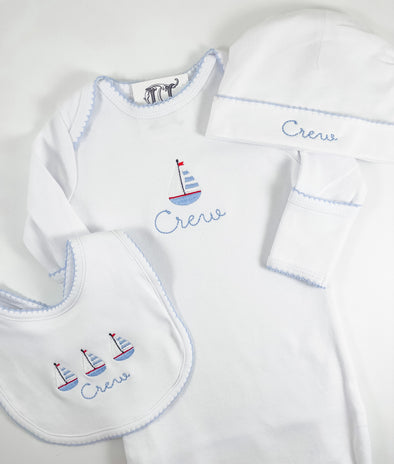 Newborn - Baby Boys Layette Gift Set - Personalized White Gown, Bib, and Hat with Blue and Red Sailboat Embroidery Design