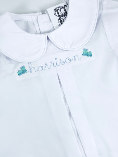 Personalized Pleated Shirt with Choo Choo Train or Bulldozer Embroidery Design for Baby and Toddler Boys
