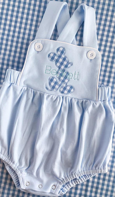 Boy Mouse Silhouette Made of Blue Gingham on Boy's Blue Bubble/Sunsuit Personalized with Name