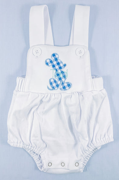Boy Mouse Silhouette Made of Blue Gingham on Boy's White Bubble/Sunsuit Personalized with Name