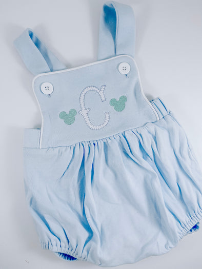 Monogrammed Initial on Blue Bubble/Sunsuit with Boy Mouse Ears Mint Embroidery