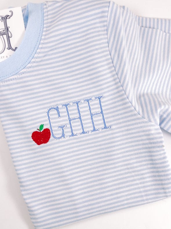 Monogrammed Boys Blue Stripe Knit Shirt with Apple