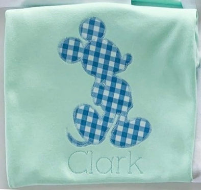 Boy Mouse Silhouette Made of Blue Gingham on Boy's Mint Short Sleeve Shirt Personalized with Name