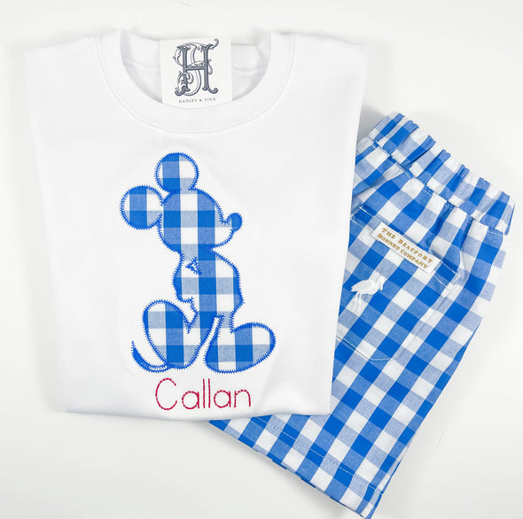 Boy Mouse Silhouette Made of Blue Gingham on Boy's White Shirt Personalized with Name