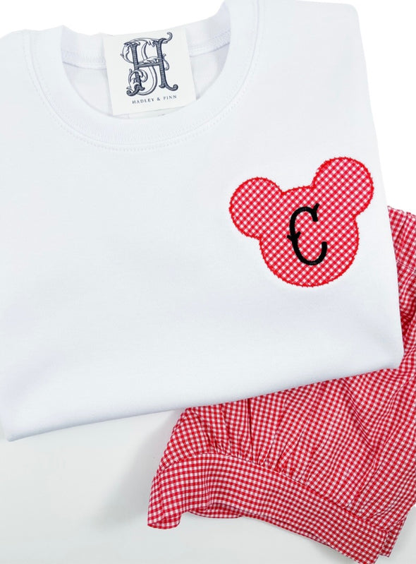 Boy Mouse Ears Applique with Monogrammed Initial on Boy's White Shirt