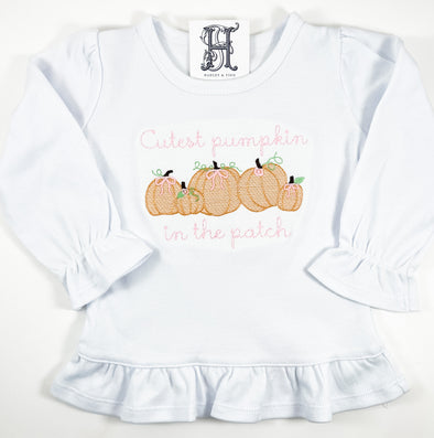 Pumpkins on Girl's White Shirt - Cutest Pumpkin in the Patch Embroidery Shirt