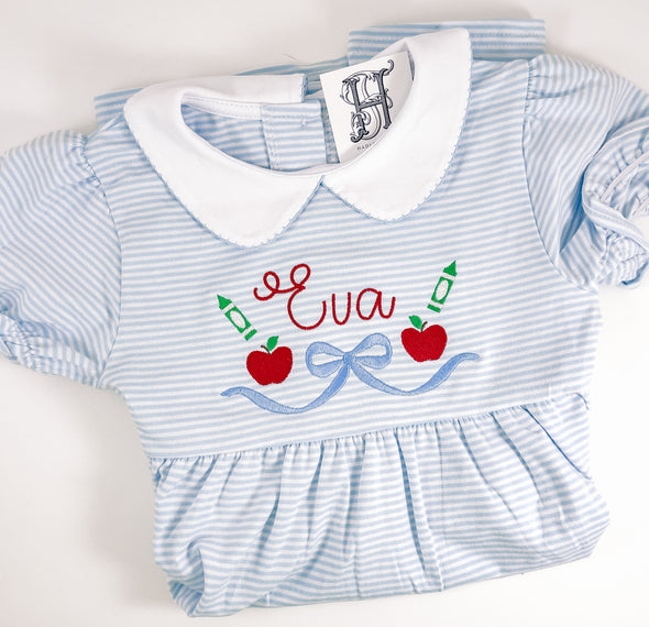 Girls Personalized Blue Stripe Dress with Back To School Embroidery
