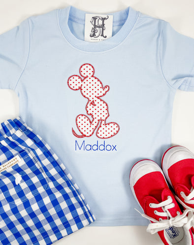 Boy Mouse Silhouette Made of Red Bitty Dot on Boy's Blue Shirt Personalized with Name