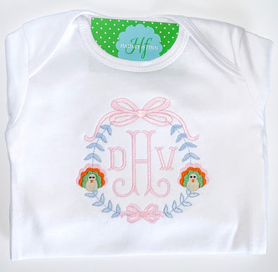 Monogrammed Gown with Turkey and Floral Embroidery on Baby's Newborn Gown