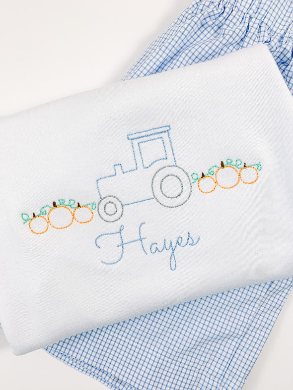 Pumpkins and Farm Tractor Embroidery on Boy's White Shirt Personalized