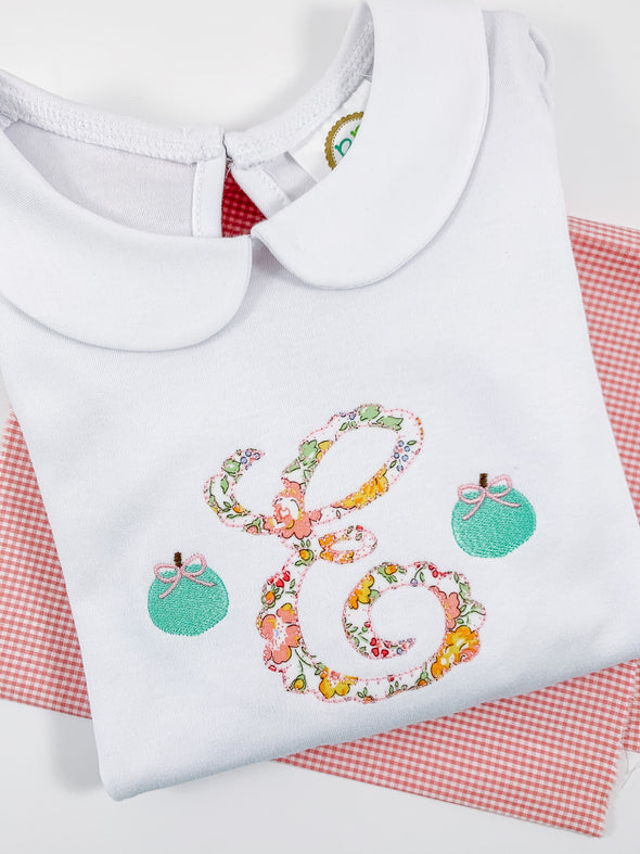 Girl's Monogram Initial Classic White Shirt with Round Collar with Pumpkins Embroidery