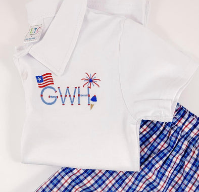 Fourth of July Boy's Polo Shirt - Fireworks, Flag, and Monogram Embroidery