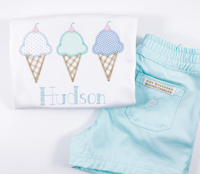 Ice Cream Cones Applique on Boy's Personalized White Shirt